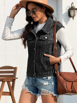 Collared Neck Sleeveless Denim Jacket - Trendsi - Flyclothing LLC