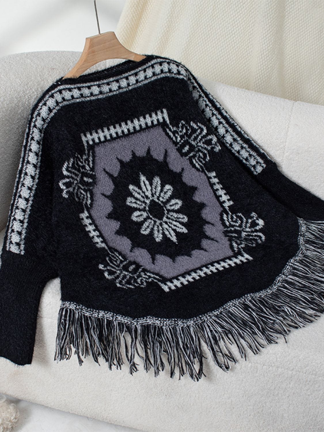 Fringe Geometric Long Sleeve Poncho - Trendsi