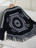 Fringe Geometric Long Sleeve Poncho - Trendsi