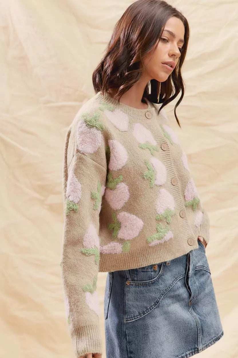 SO ME Strawberry Fruit All Over Button Sweater Cardigan - Trendsi - Flyclothing LLC