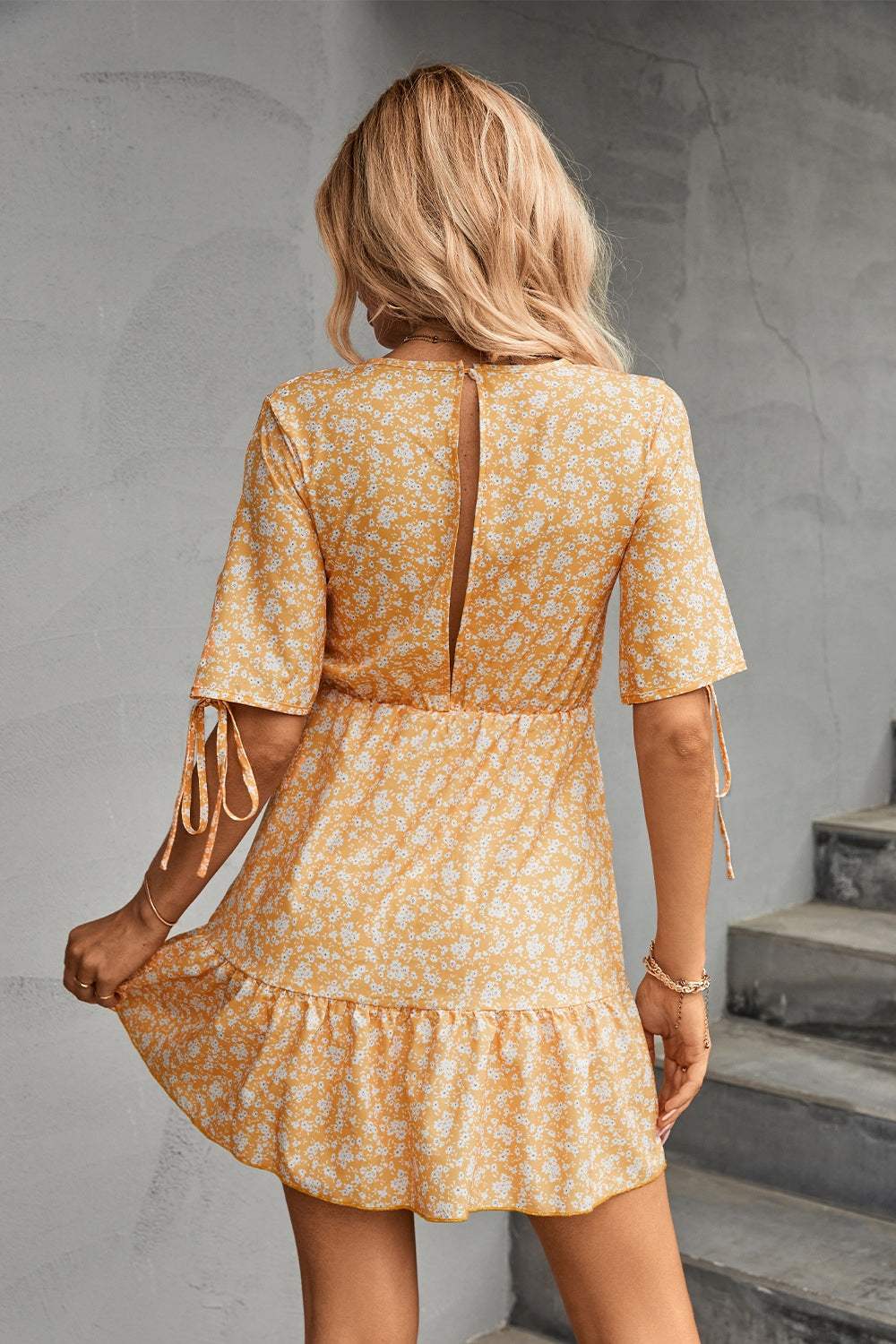 Ditsy Floral V-Neck Half Sleeve Mini Dress - Trendsi - Flyclothing LLC