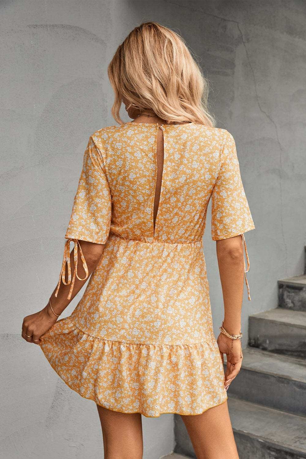 Ditsy Floral V-Neck Half Sleeve Mini Dress - Trendsi - Flyclothing LLC