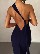 Backless One-Shoulder Ruched Bodycon Maxi Dress - Trendsi - Flyclothing LLC
