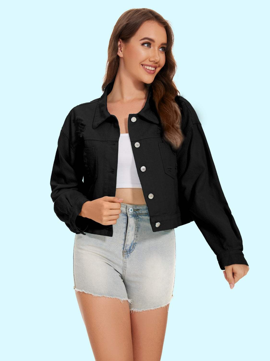 Distressed Distressed Button Up Denim Jacket - Trendsi - Flyclothing LLC