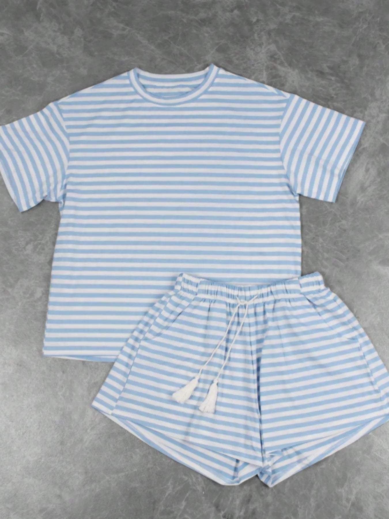 Striped Short Sleeve Tee and Drawstring Shorts Set - Trendsi - Flyclothing LLC