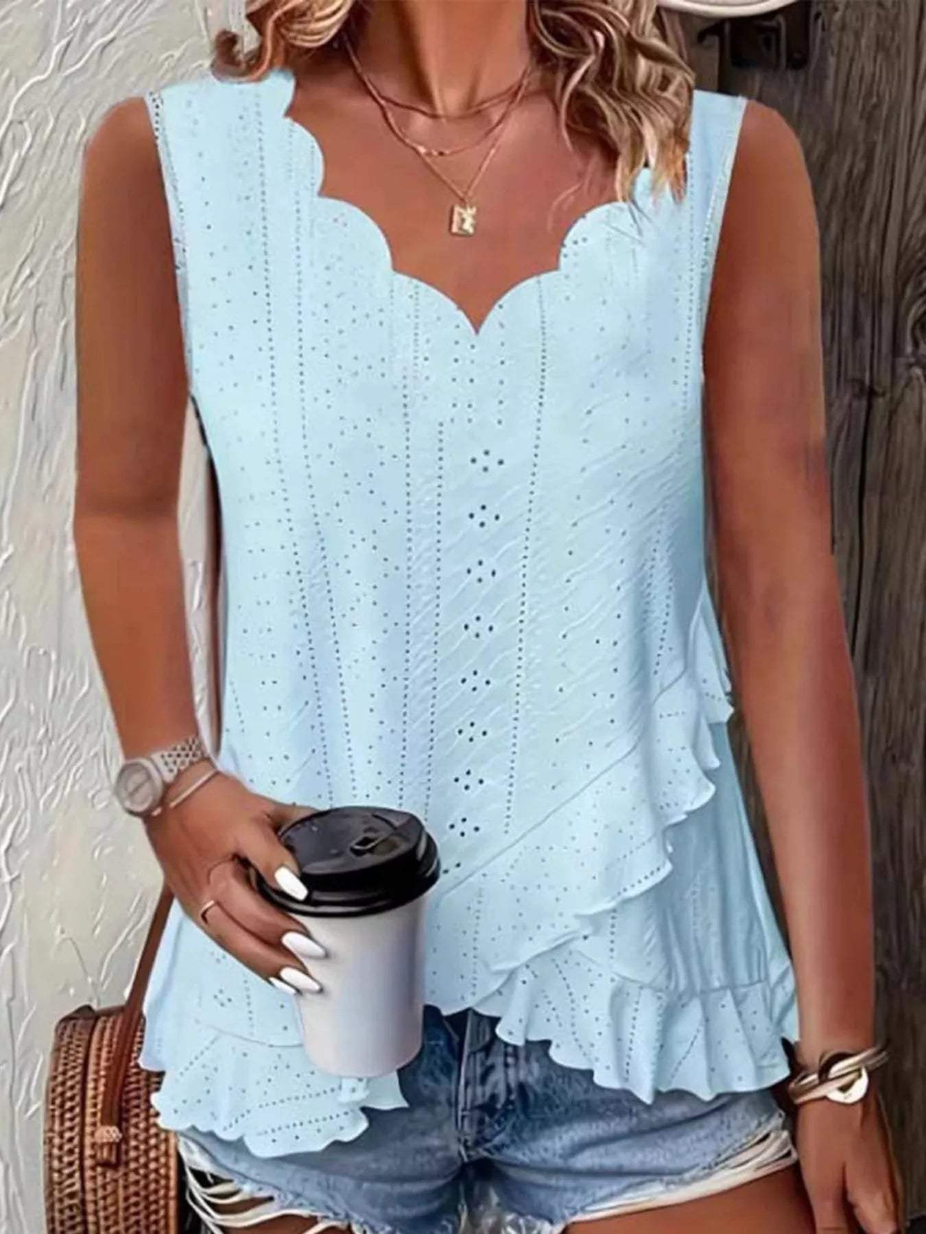 V-Neck Eyelet Ruffled Tank Top - Trendsi - Flyclothing LLC