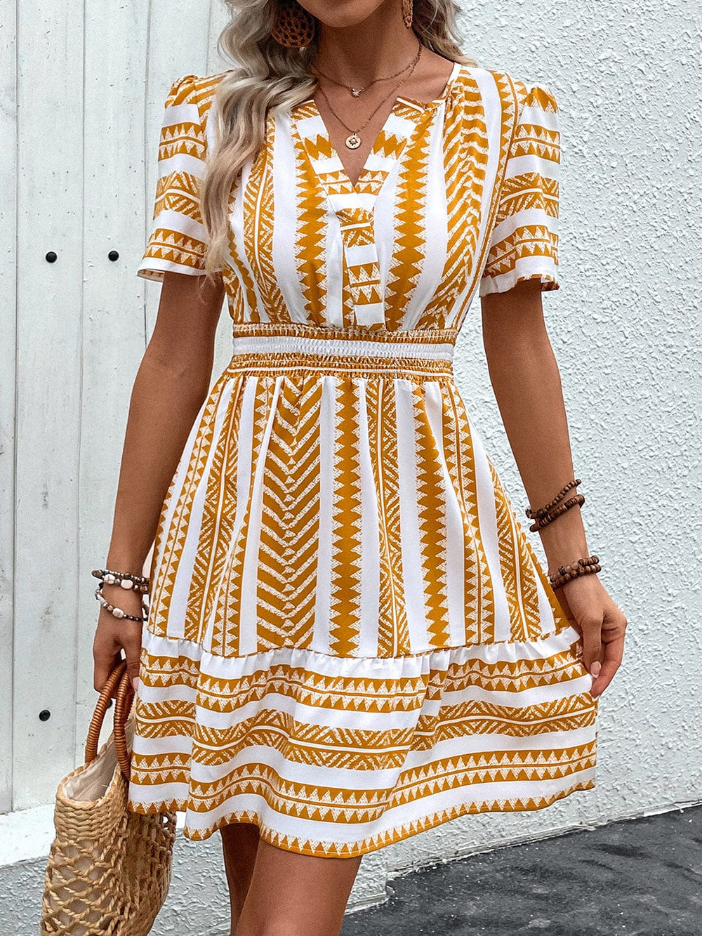 Geometric Notched Short Sleeve Mini Dress - Trendsi