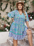 Plus Size Ruffled Hem Lace Detail Printed Half Sleeve Dress - Trendsi - Flyclothing LLC