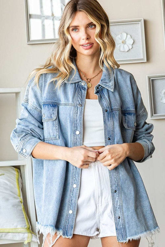 First Love Smile Face Button Down Raw Hem Denim Jacket - Trendsi - Flyclothing LLC