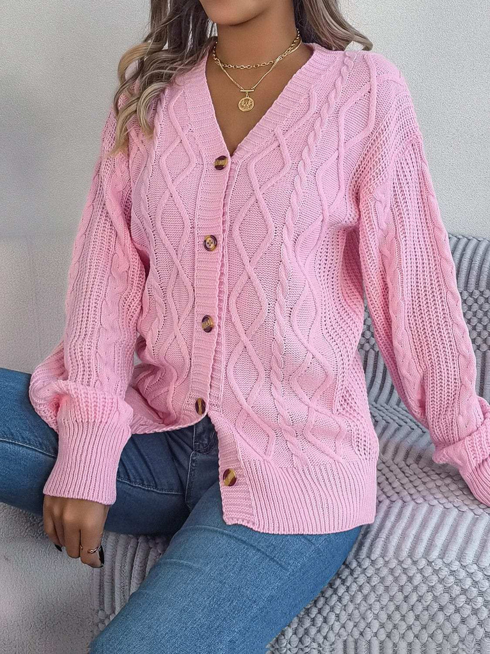 Cable-Knit Long Sleeve Cardigan - Trendsi - Flyclothing LLC