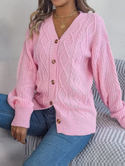 Cable-Knit Long Sleeve Cardigan - Trendsi