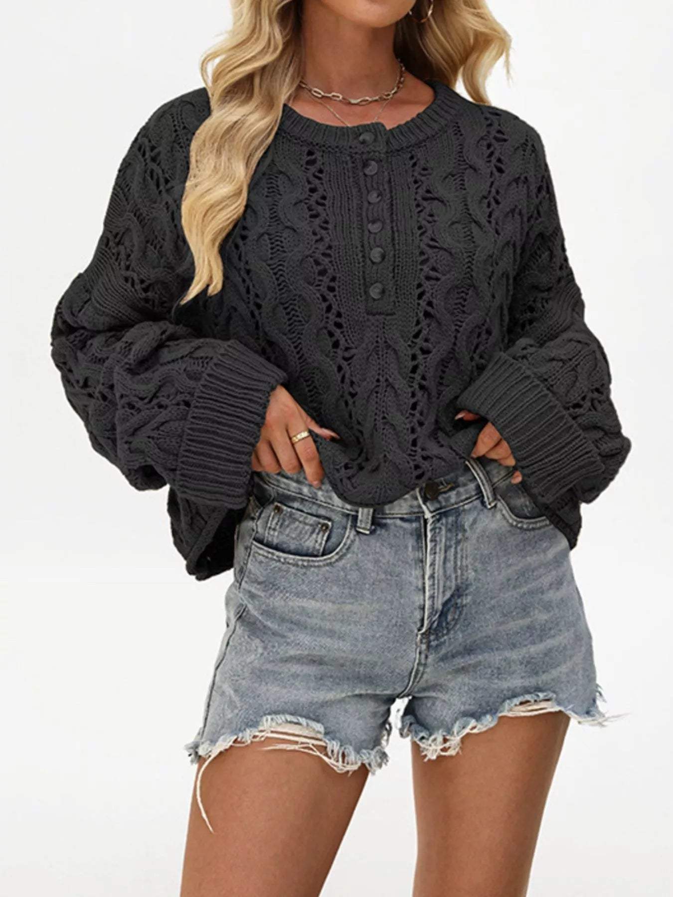 Chic Cable Knit Half-Button Openwork Sweater - Trendsi - Flyclothing LLC