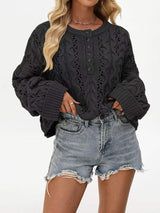 Chic Cable Knit Half-Button Openwork Sweater - Trendsi - Flyclothing LLC