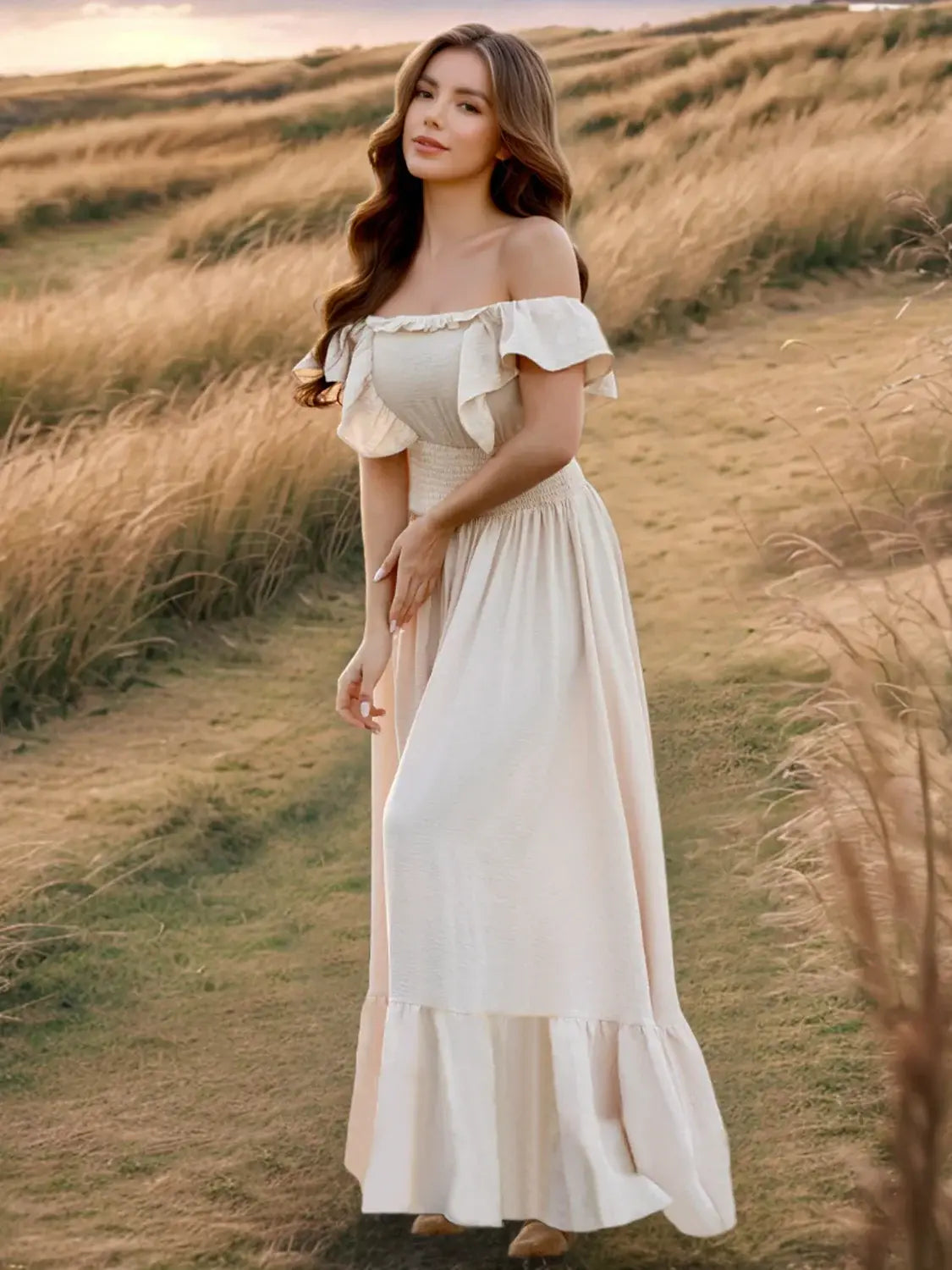 Ruffled Smocked Square Neck Maxi Dress - Trendsi - Flyclothing LLC