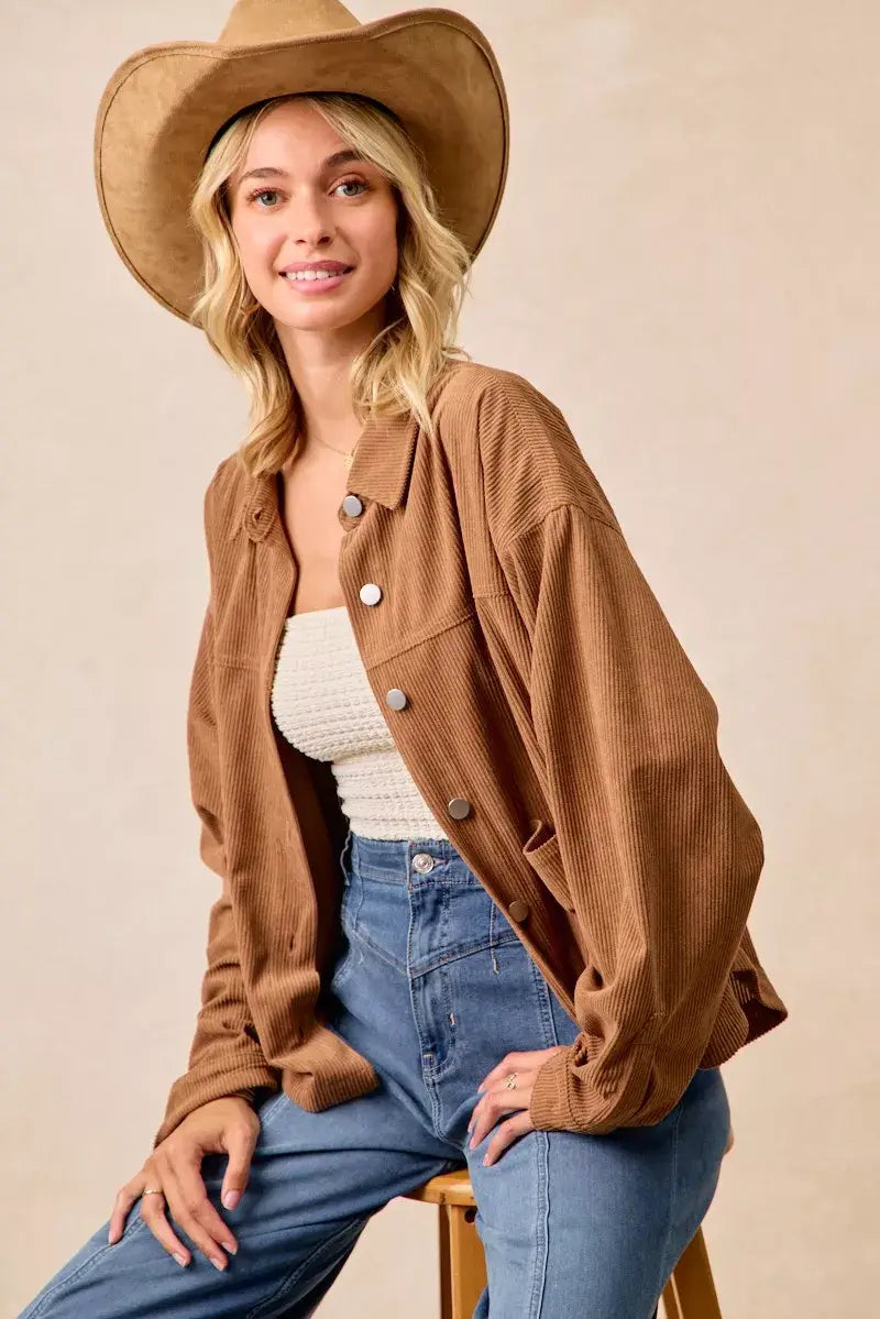 BiBi Corduroy Relaxed Fit Shacket with Back Pleat - Trendsi - Flyclothing LLC