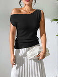 Single Shoulder Short Sleeve Knit Top - Trendsi - Flyclothing LLC