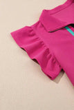 Striped Detail Flutter Sleeve Zipped Collar Top and Short Set - Trendsi - Flyclothing LLC