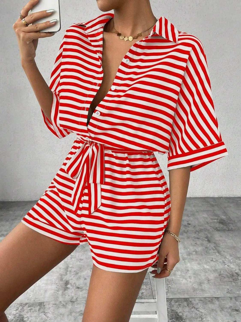 Tie Waist Half Button Striped Romper - Trendsi - Flyclothing LLC