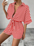 Tie Waist Half Button Striped Romper - Trendsi - Flyclothing LLC