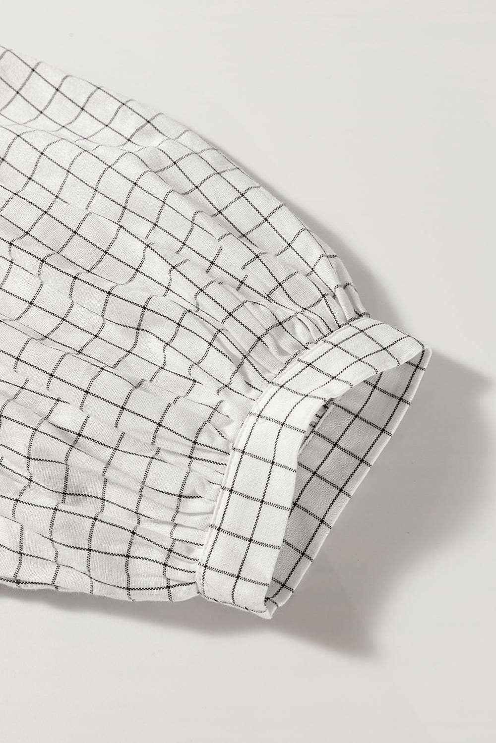 Frill Plaid Notched Balloon Sleeve Mini Dress - Trendsi - Flyclothing LLC