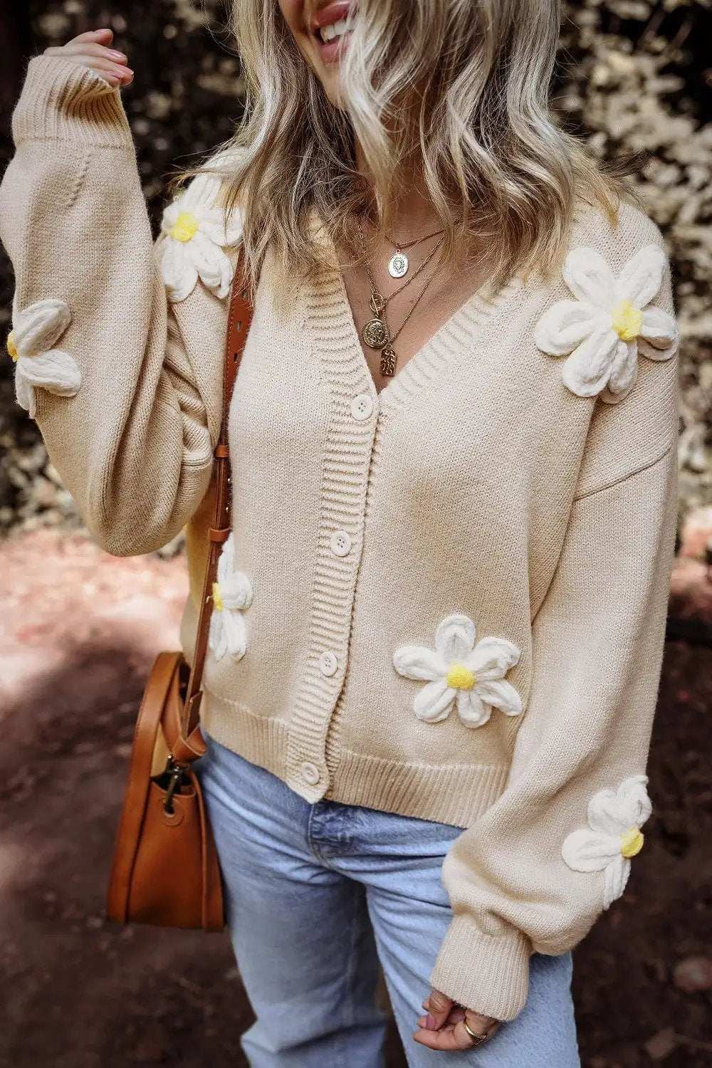 Flower Dropped Shoulder Long Sleeve Cardigan - Trendsi - Flyclothing LLC