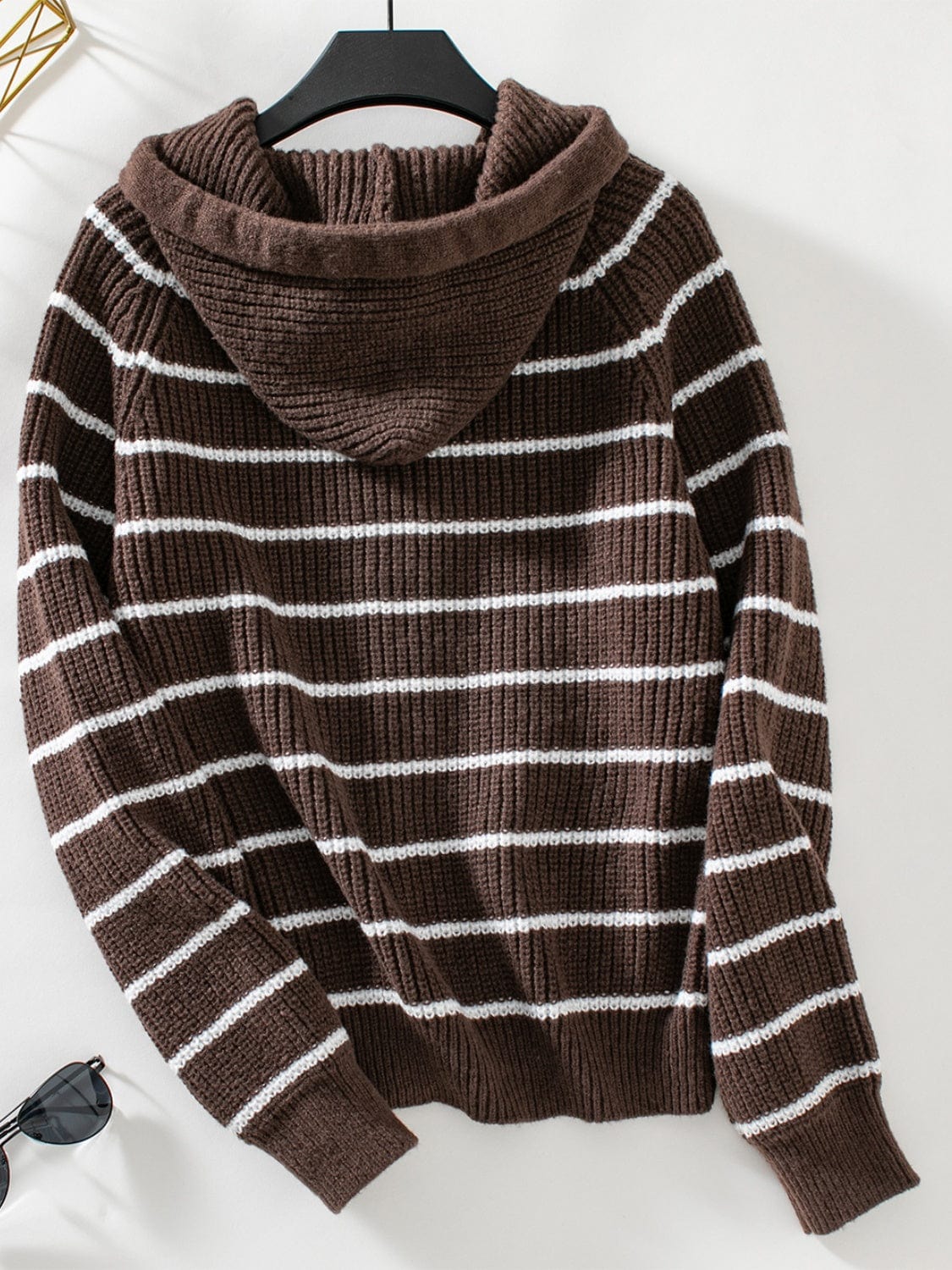 Striped Button Up Long Sleeve Hooded Cardigan - Trendsi