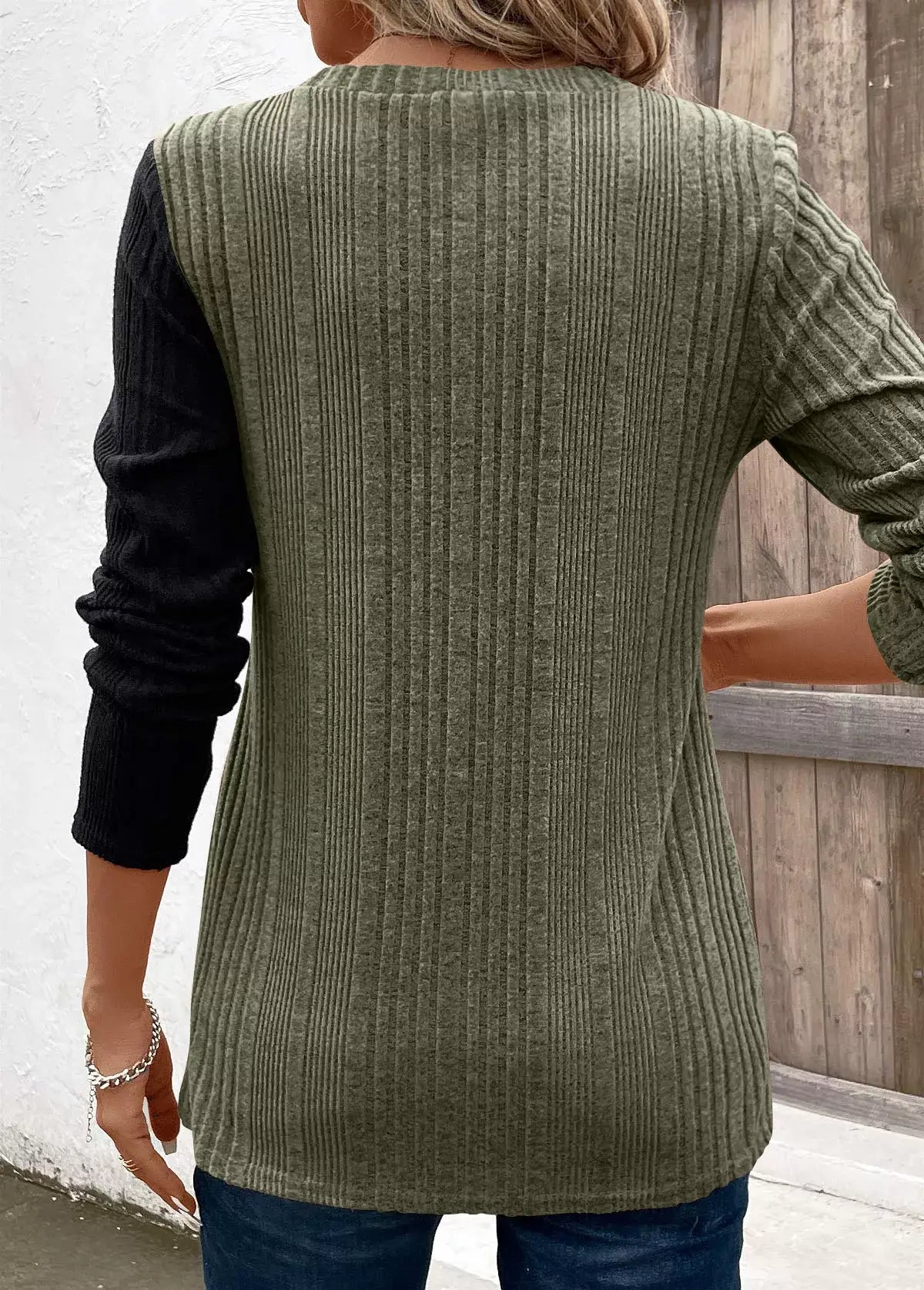 Color Block Ribbed Knit Decor Button T-Shirt - Trendsi - Flyclothing LLC