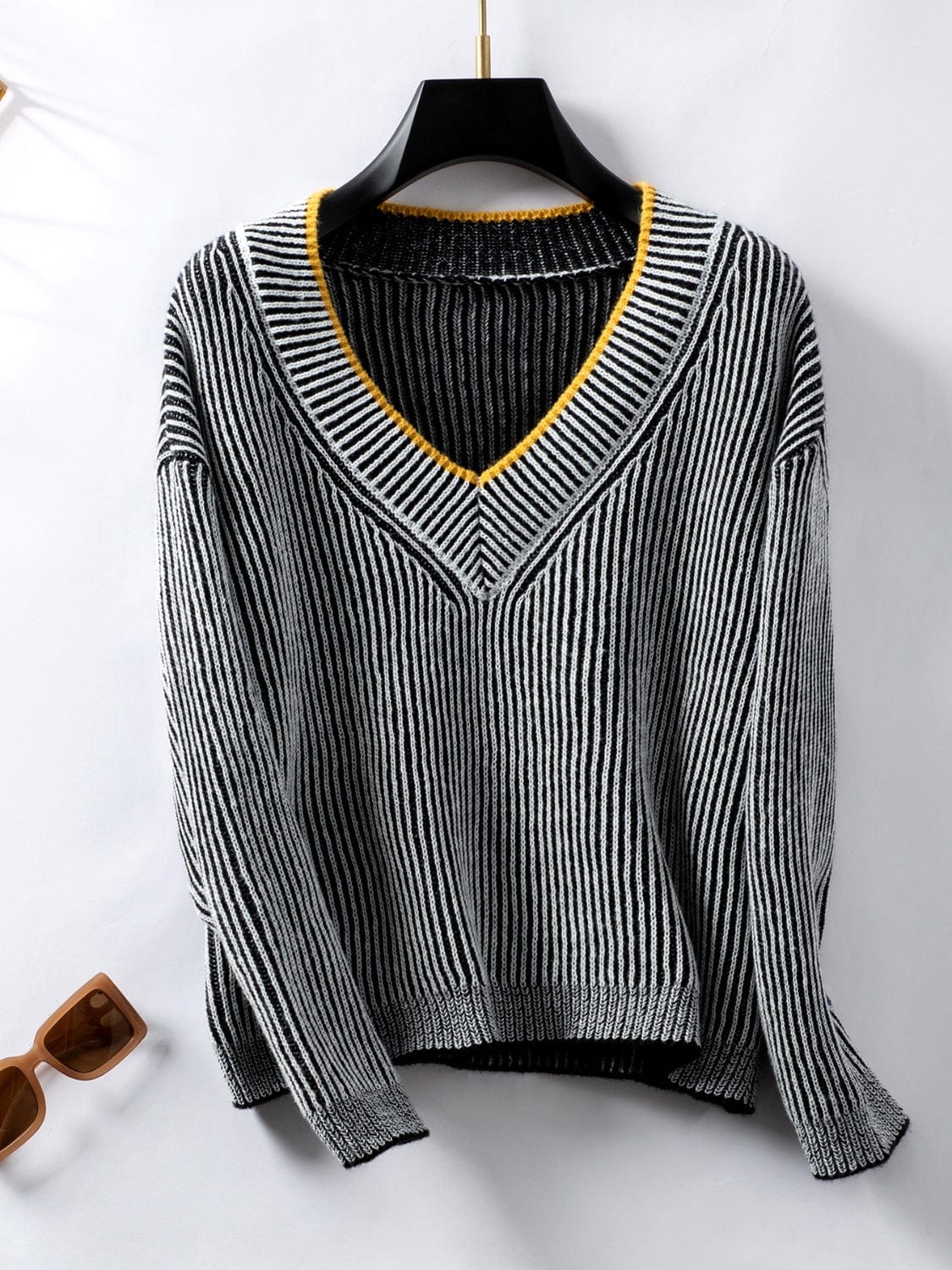 Striped V-Neck Long Sleeve Sweater - Trendsi