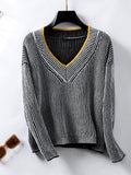 Striped V-Neck Long Sleeve Sweater - Trendsi