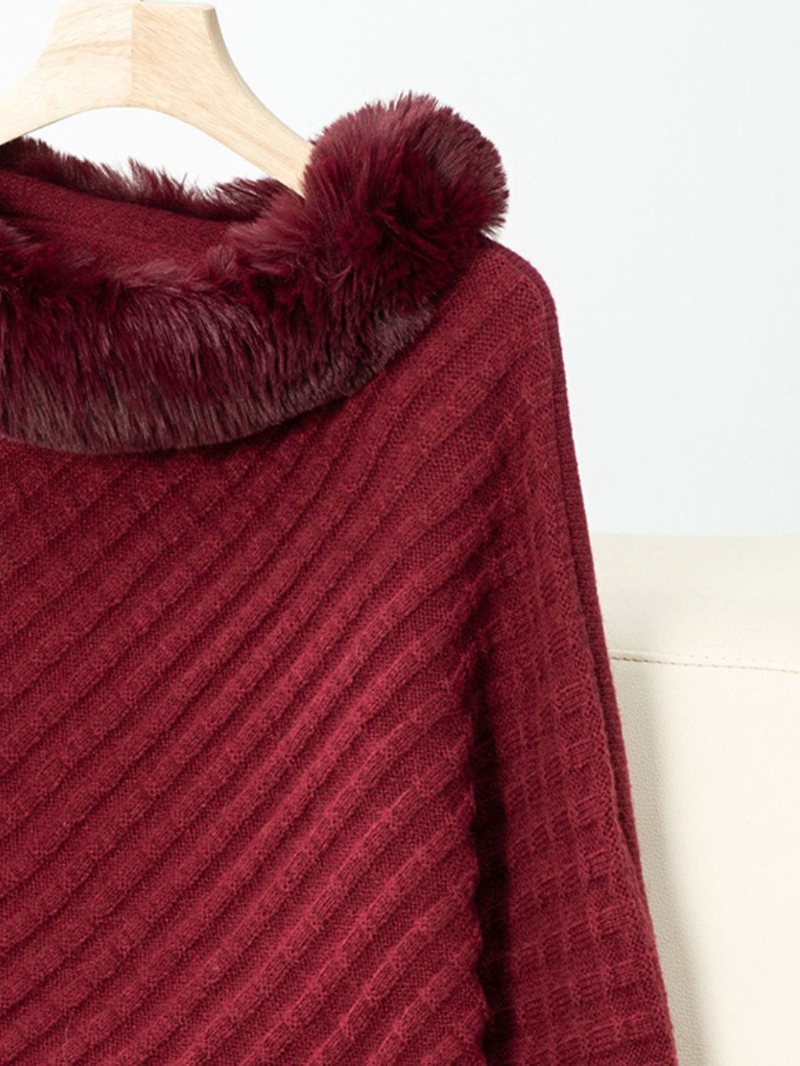 Fuzzy Trim Texture Three-Quarter Sleeve Poncho - Trendsi
