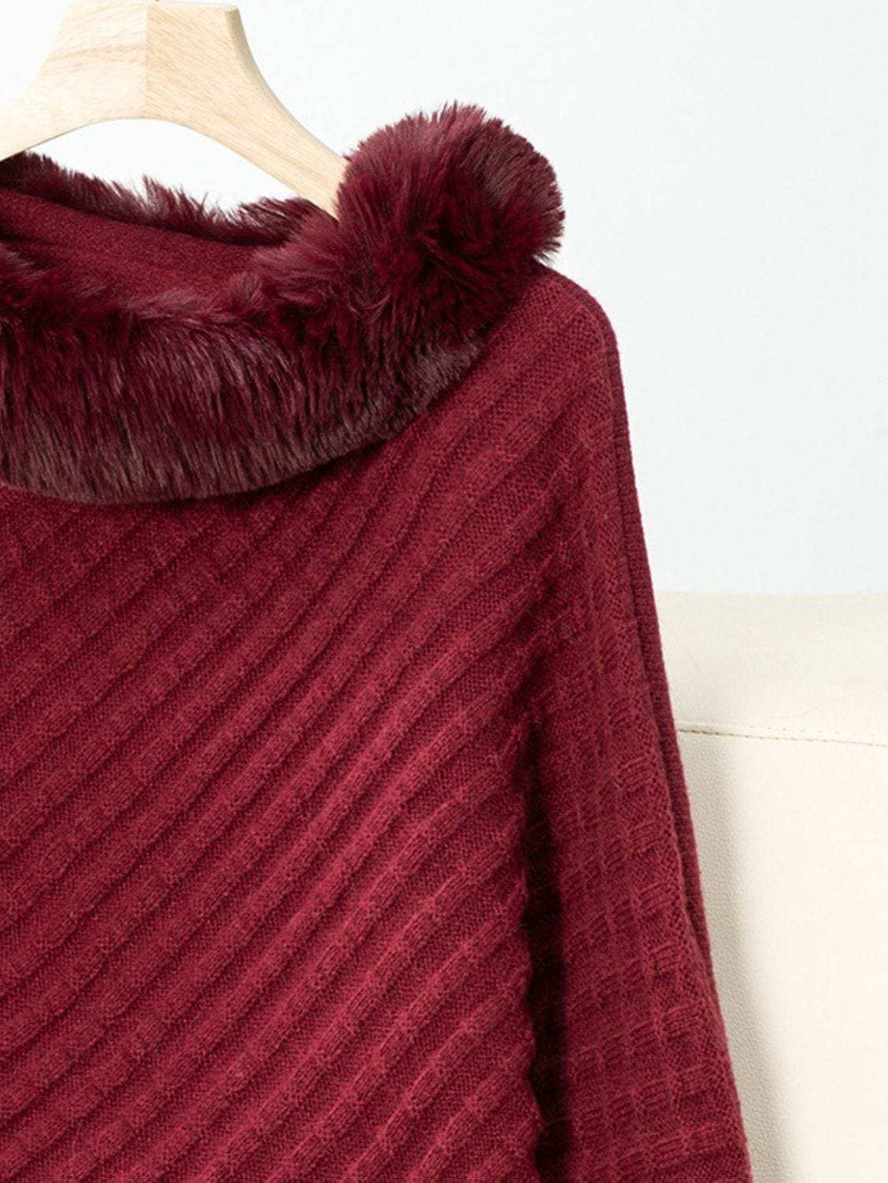 Fuzzy Trim Texture Three-Quarter Sleeve Poncho - Trendsi - Flyclothing LLC