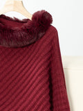 Fuzzy Trim Texture Three-Quarter Sleeve Poncho - Trendsi