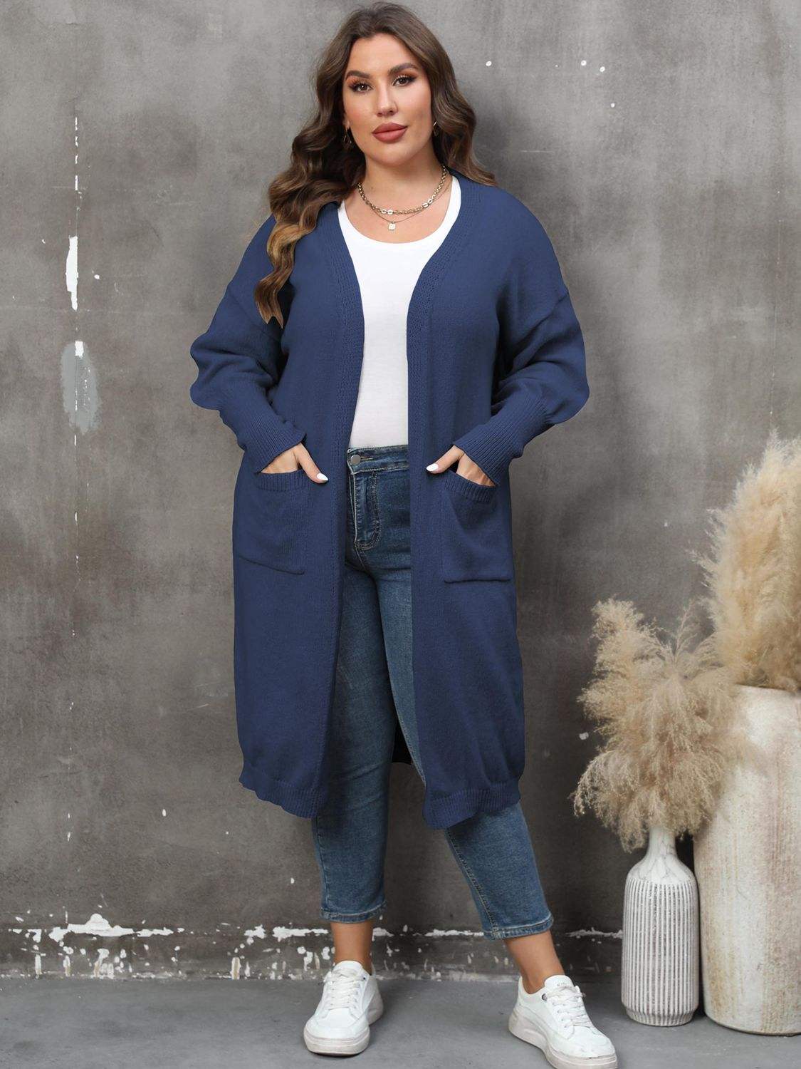 Plus Size Long Sleeve Pocketed Cardigan - Trendsi - Flyclothing LLC