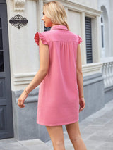 Ruffled Button Up Cap Sleeve Denim Dress - Trendsi - Flyclothing LLC