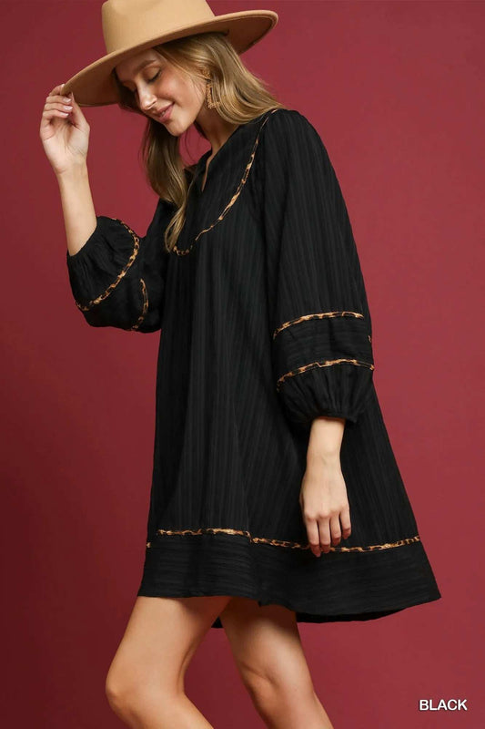 Umgee Full Size Textured Babydoll Dress with Leopard Trim Plus Size - Trendsi - Flyclothing LLC