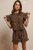 BiBi Leopard Print Waffle Texture Layered Ruffle Sleeve Top and Shorts Set - Trendsi - Flyclothing LLC