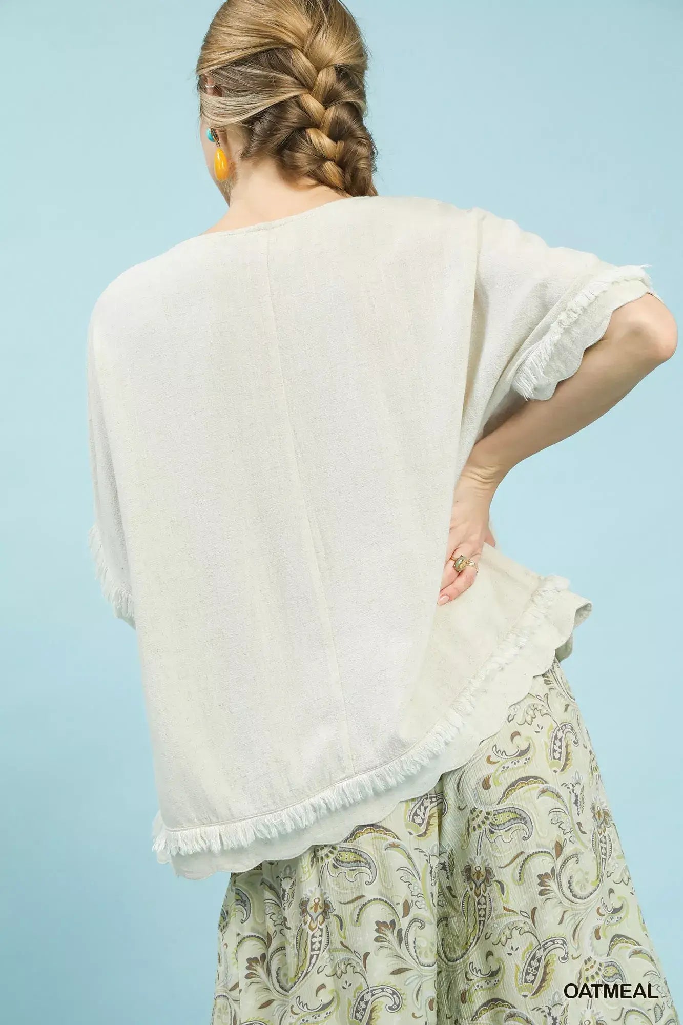 Umgee Linen Frayed Hem Scallop Edge Top - Trendsi - Flyclothing LLC