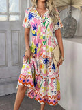 Devine Printed Johnny Collar Button Down Short Sleeve Midi Shirt Dress - Trendsi - Flyclothing LLC