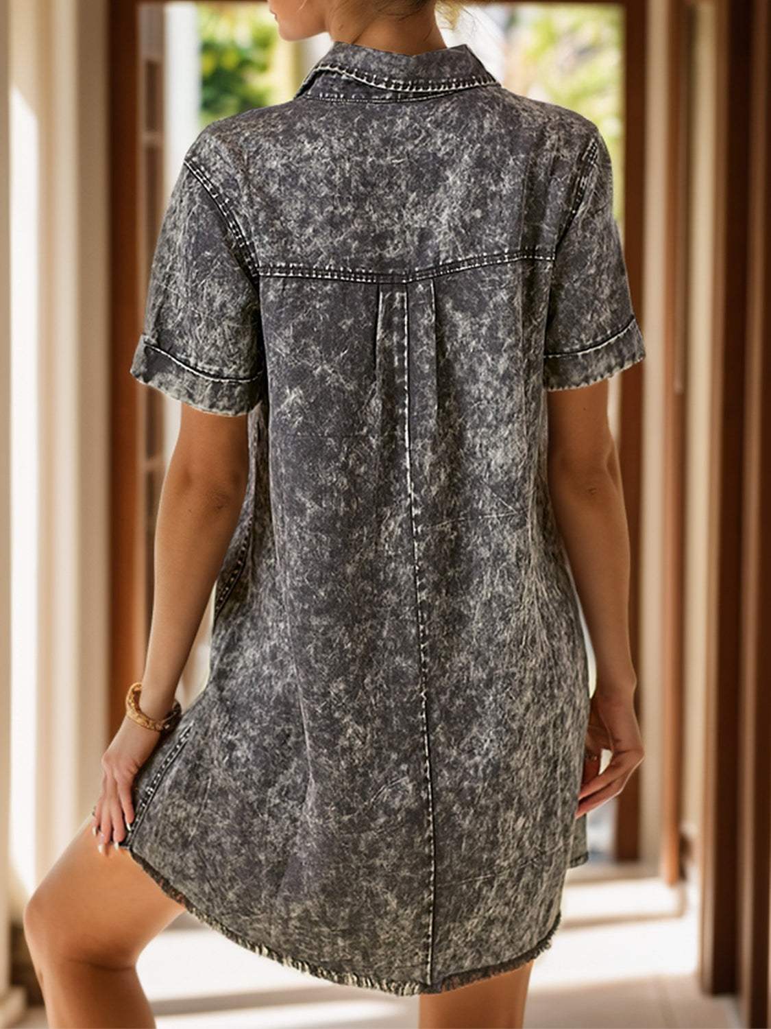 Pocketed Collared Neck Short Sleeve Denim Dress - Trendsi - Flyclothing LLC