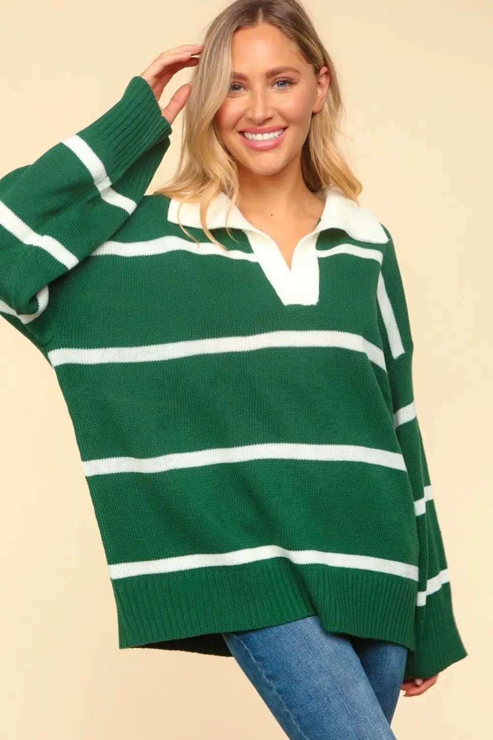 Haptics Collared Neck Striped Contrast Sweater - Trendsi - Flyclothing LLC