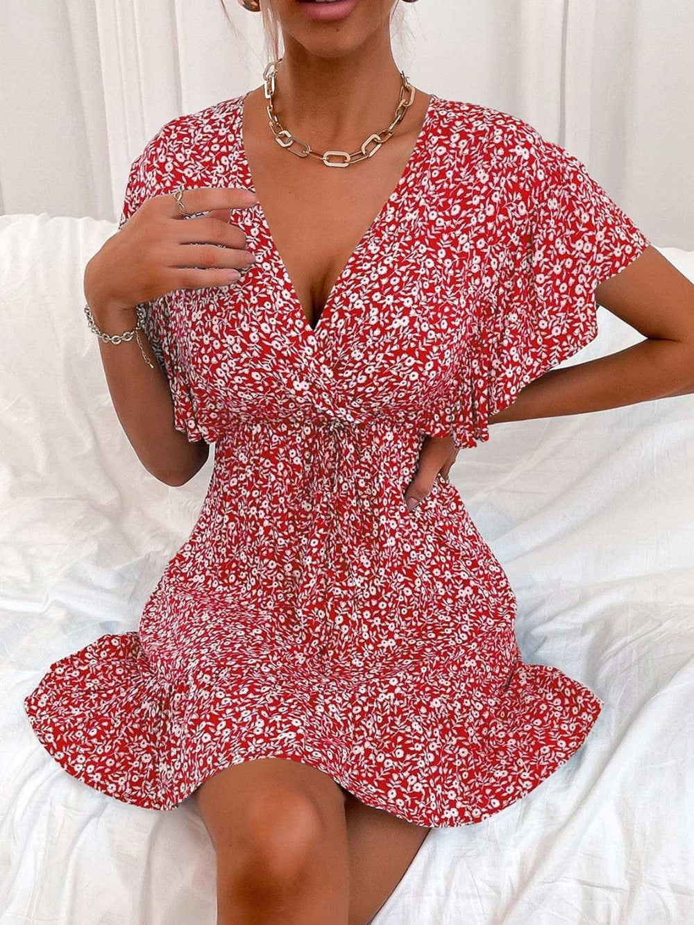 Cutout Ditsy Floral Surplice Flounce Sleeve Dress - Trendsi - Flyclothing LLC