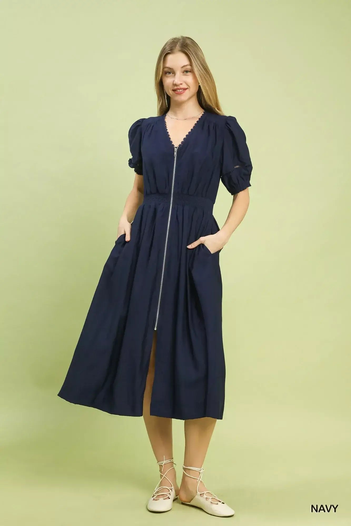 Umgee Zip-Front Smocked Waist Midi Dress - Trendsi - Flyclothing LLC