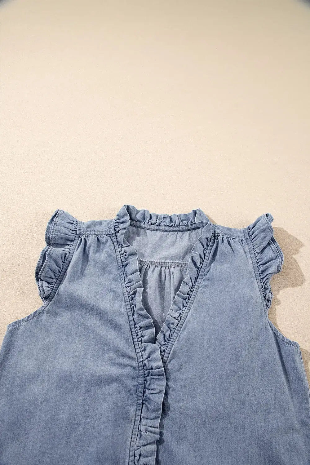 Frilly Ruffle Trim V Neck Chambray Tank - Trendsi - Flyclothing LLC
