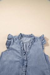 Frilly Ruffle Trim V Neck Chambray Tank - Trendsi - Flyclothing LLC
