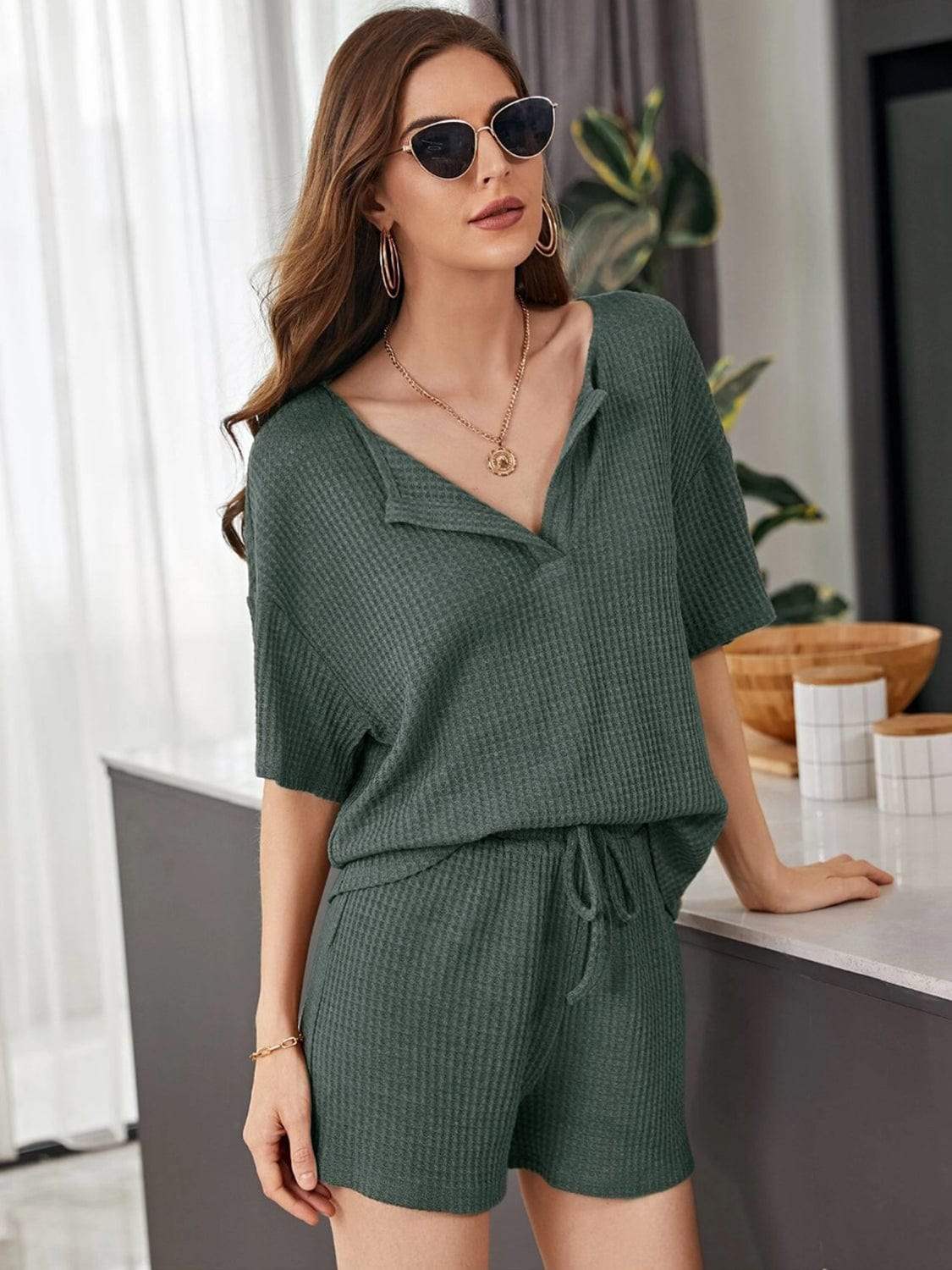 Full Size Waffle-Knit Dropped Shoulder Top and Shorts Set - Trendsi - Flyclothing LLC