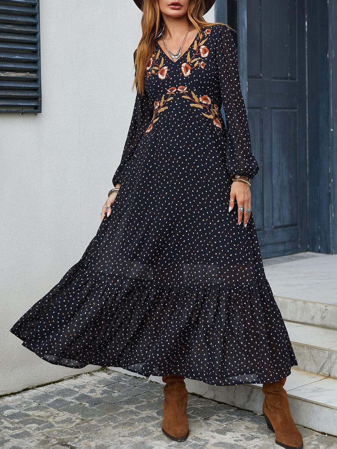 Embroidered V-Neck Long Sleeve Dress - Trendsi - Flyclothing LLC