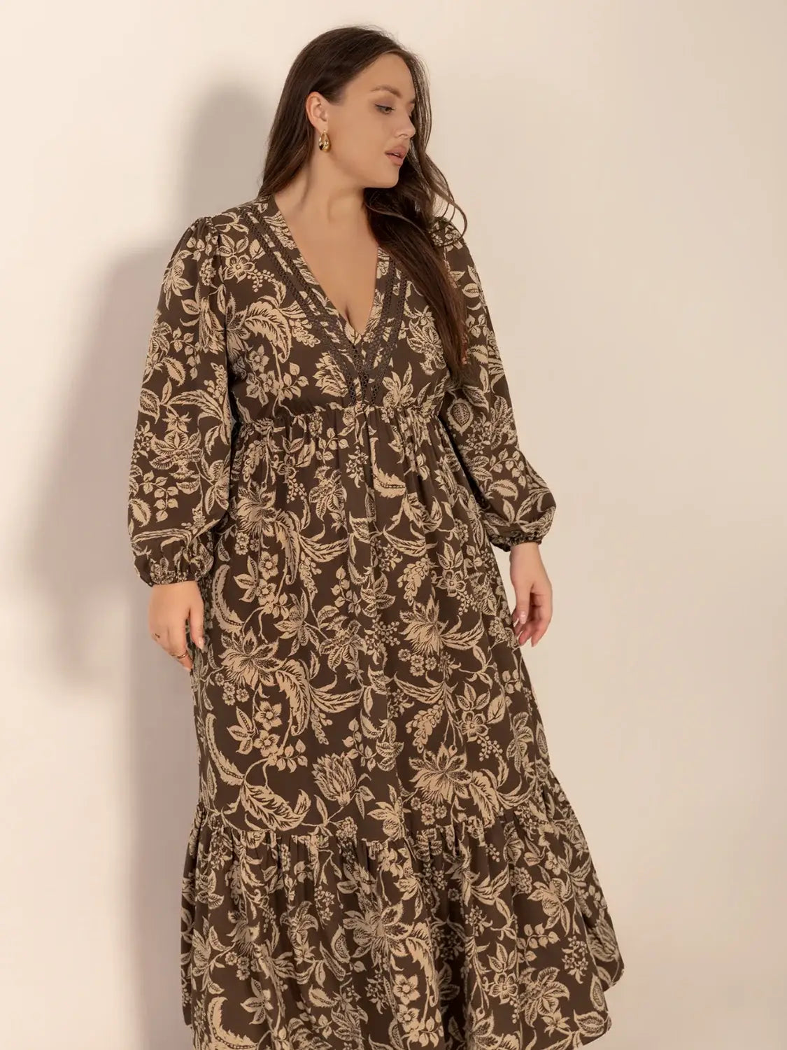 Plus Size Printed V-Neck Balloon Sleeve Maxi Dress - Trendsi - Flyclothing LLC