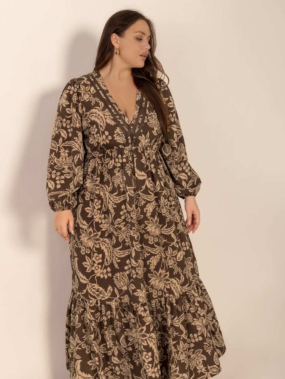 Plus Size Printed V-Neck Balloon Sleeve Maxi Dress - Trendsi - Flyclothing LLC