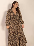 Plus Size Printed V-Neck Balloon Sleeve Maxi Dress - Trendsi - Flyclothing LLC