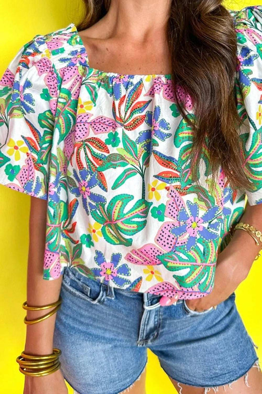 Plant Print Loose Fit Puff Sleeve Square Neck Blouse - Trendsi - Flyclothing LLC